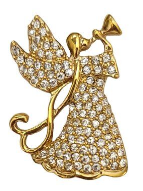 Monet Gold Tone Clear Rhinestone Angel Brooch Pin, Signed K442